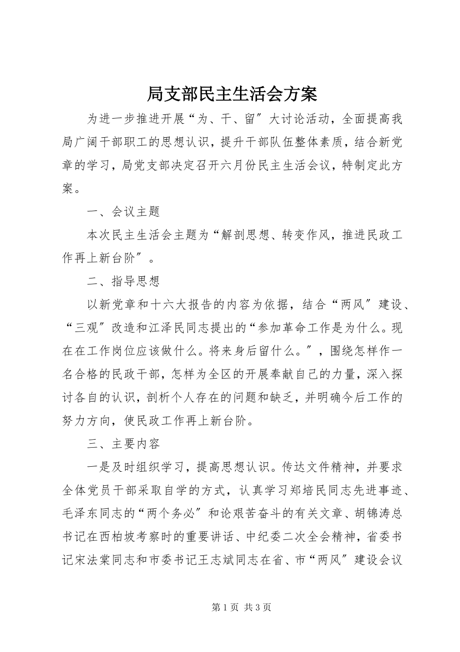 2023年局支部民主生活会方案.docx_第1页