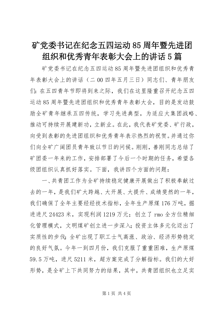 2023年矿党委书记在纪念五四运动85周暨先进团组织和优秀青表彰大会上的致辞5篇.docx_第1页