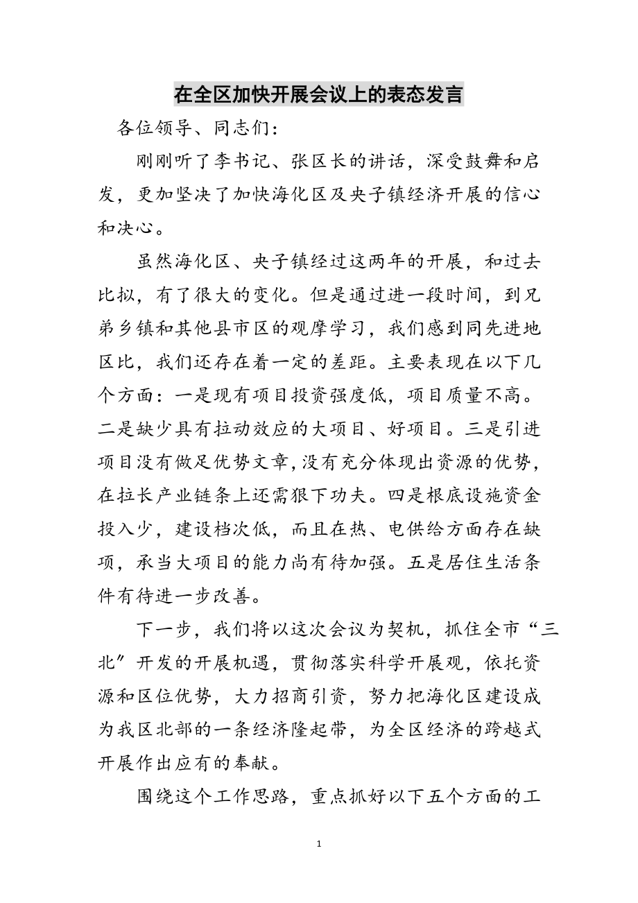 2023年在全区加快发展会议上的表态发言范文.doc_第1页