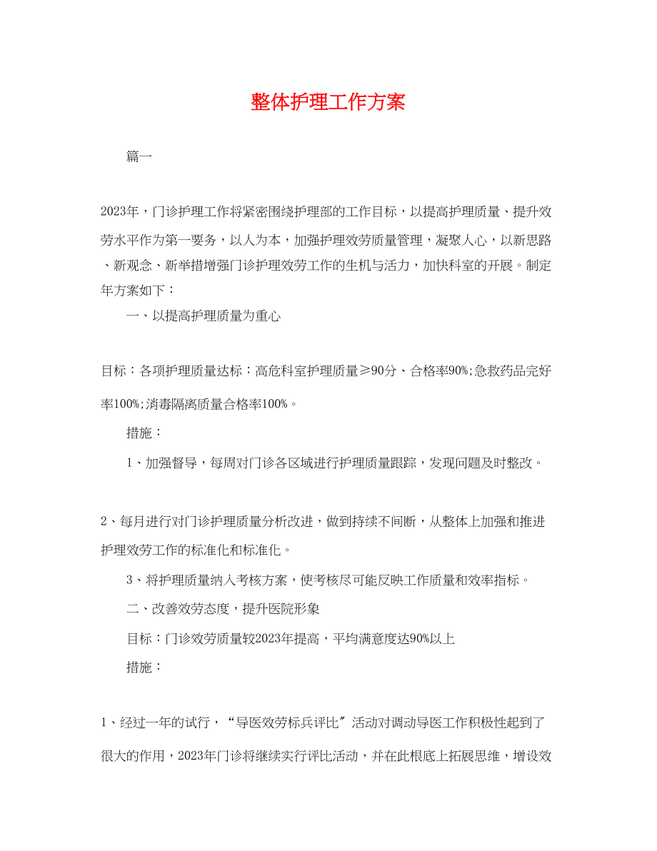 2023年整体护理工作计划.docx_第1页