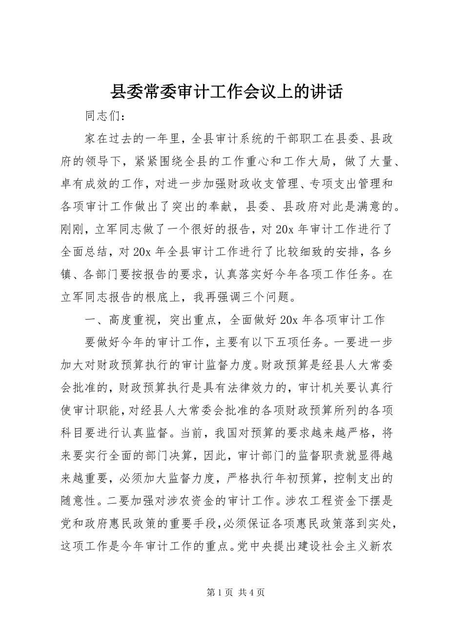 2023年县委常委审计工作会议上的致辞.docx_第1页