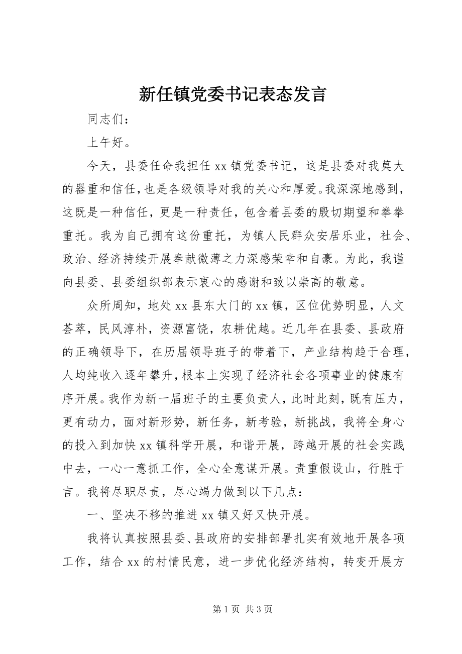 2023年新任镇党委书记表态讲话.docx_第1页