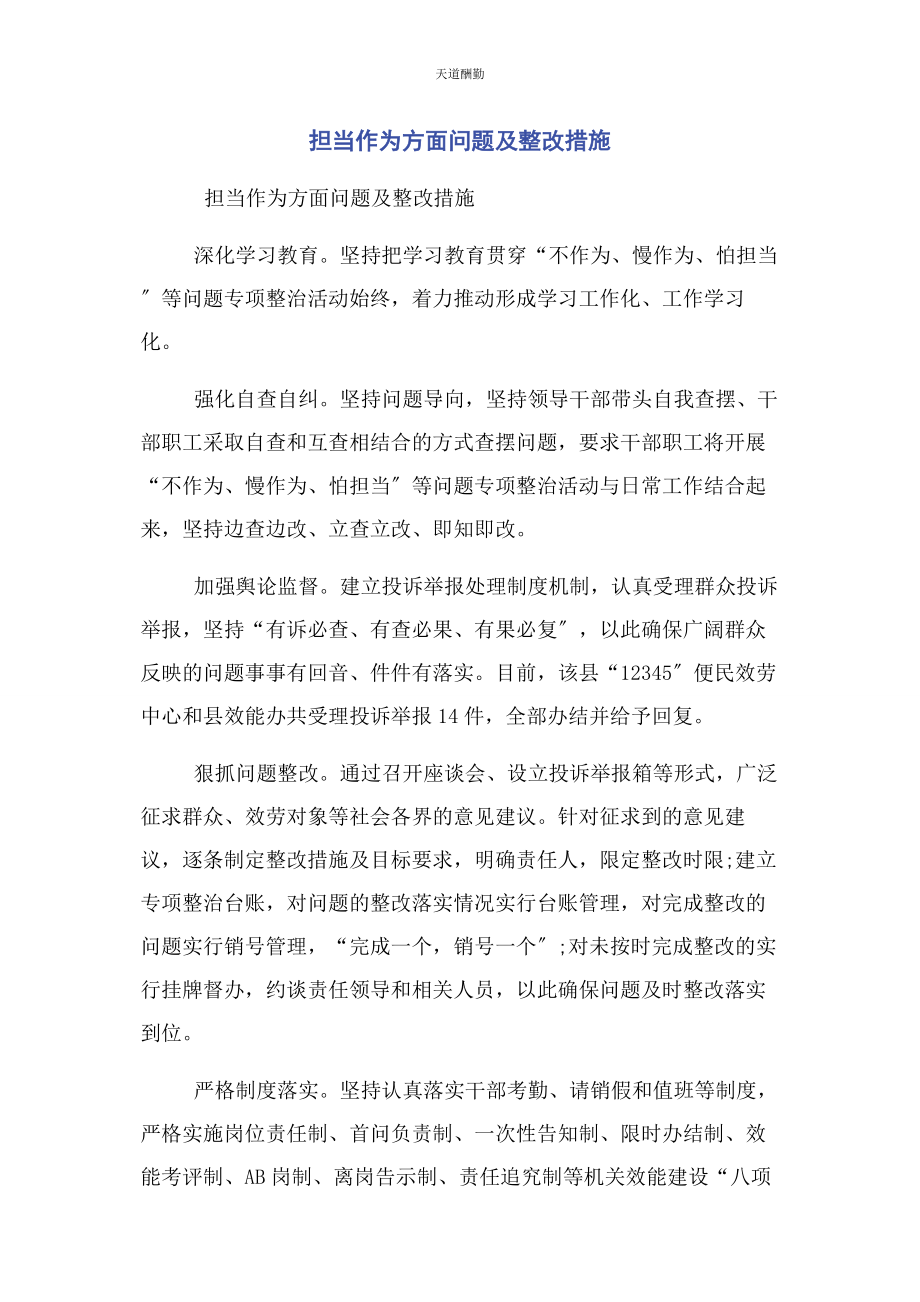 2023年担当作为方面问题及整改措施范文.docx_第1页