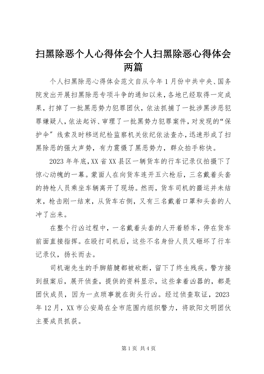 2023年扫黑除恶个人心得体会个人扫黑除恶心得体会两篇.docx_第1页