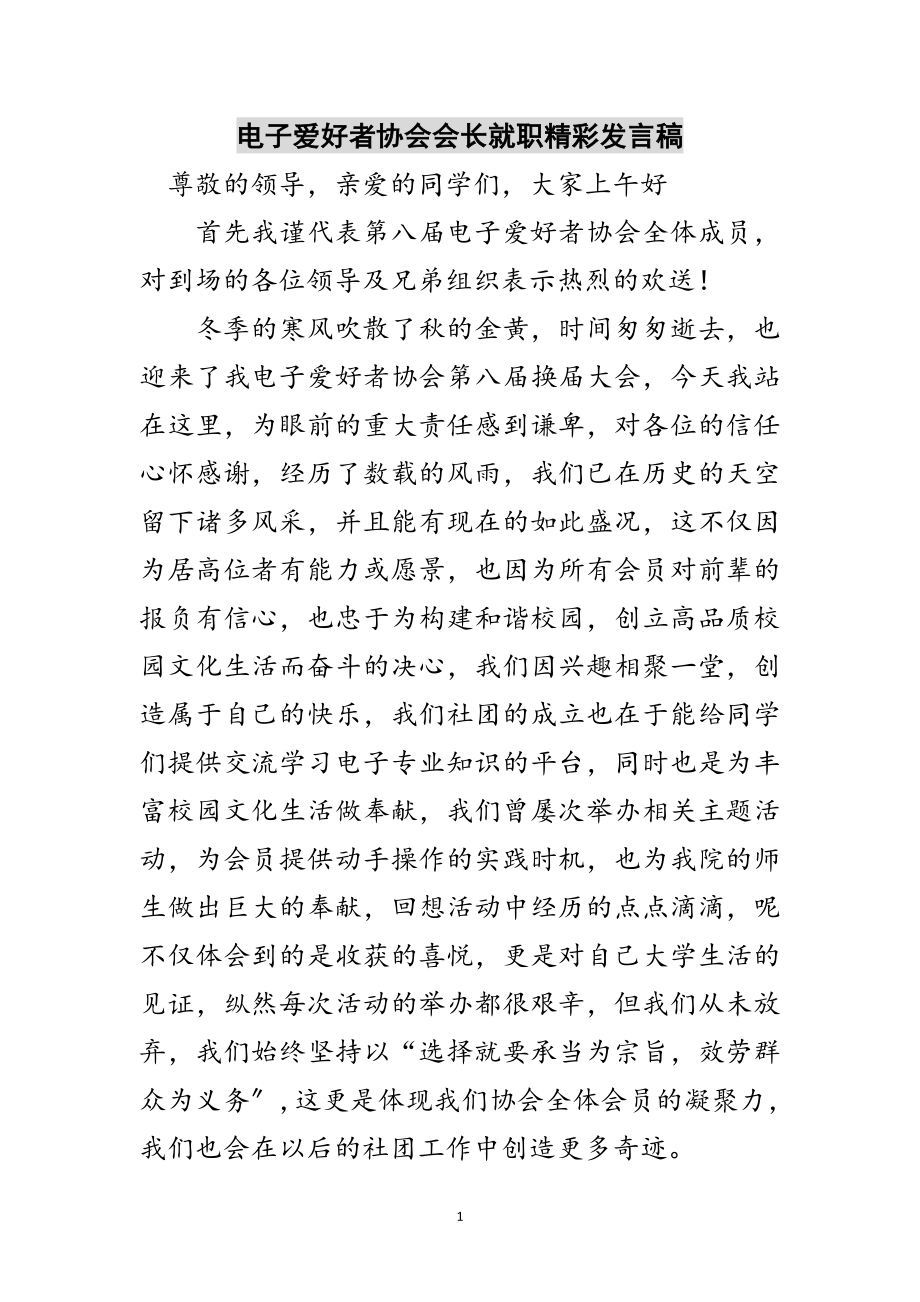 2023年电子爱好者协会会长就职精彩发言稿范文.doc_第1页