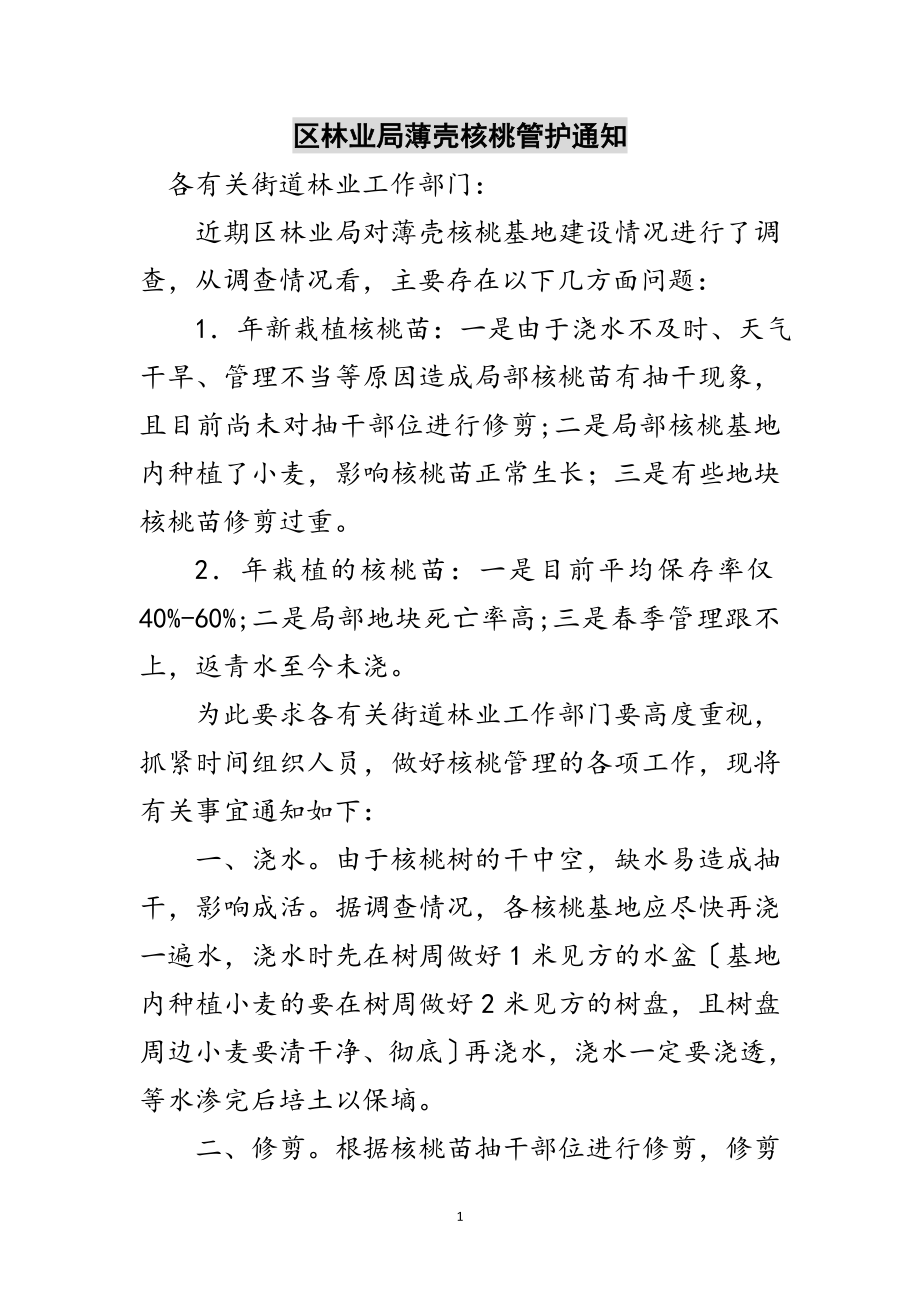 2023年区林业局薄壳核桃管护通知范文.doc_第1页