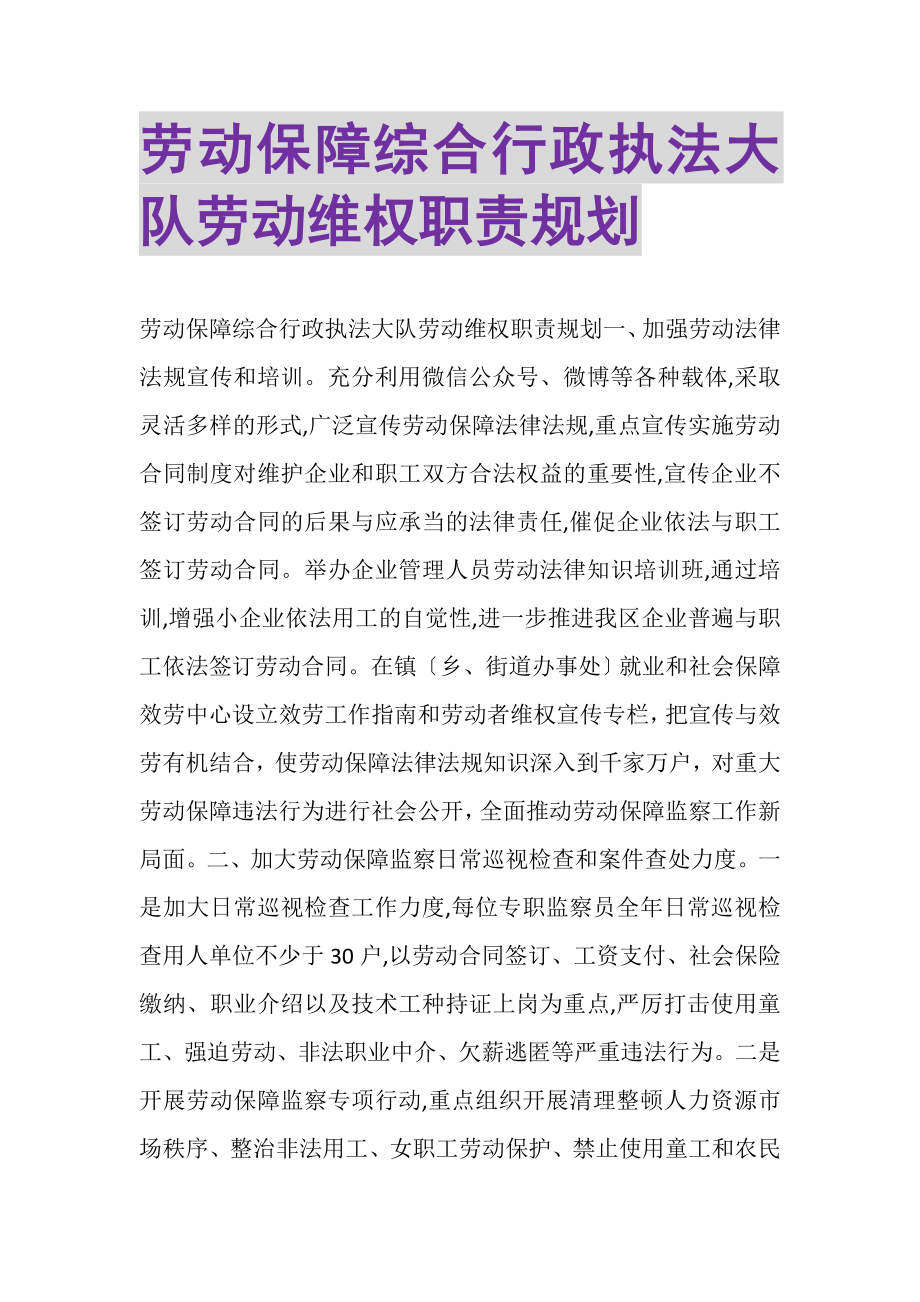 2023年劳动保障综合行政执法大队劳动维权职责规划.doc_第1页