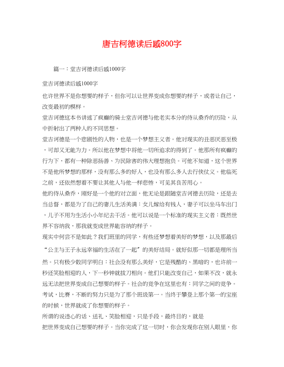 2023年唐吉柯德读后感800字2.docx_第1页