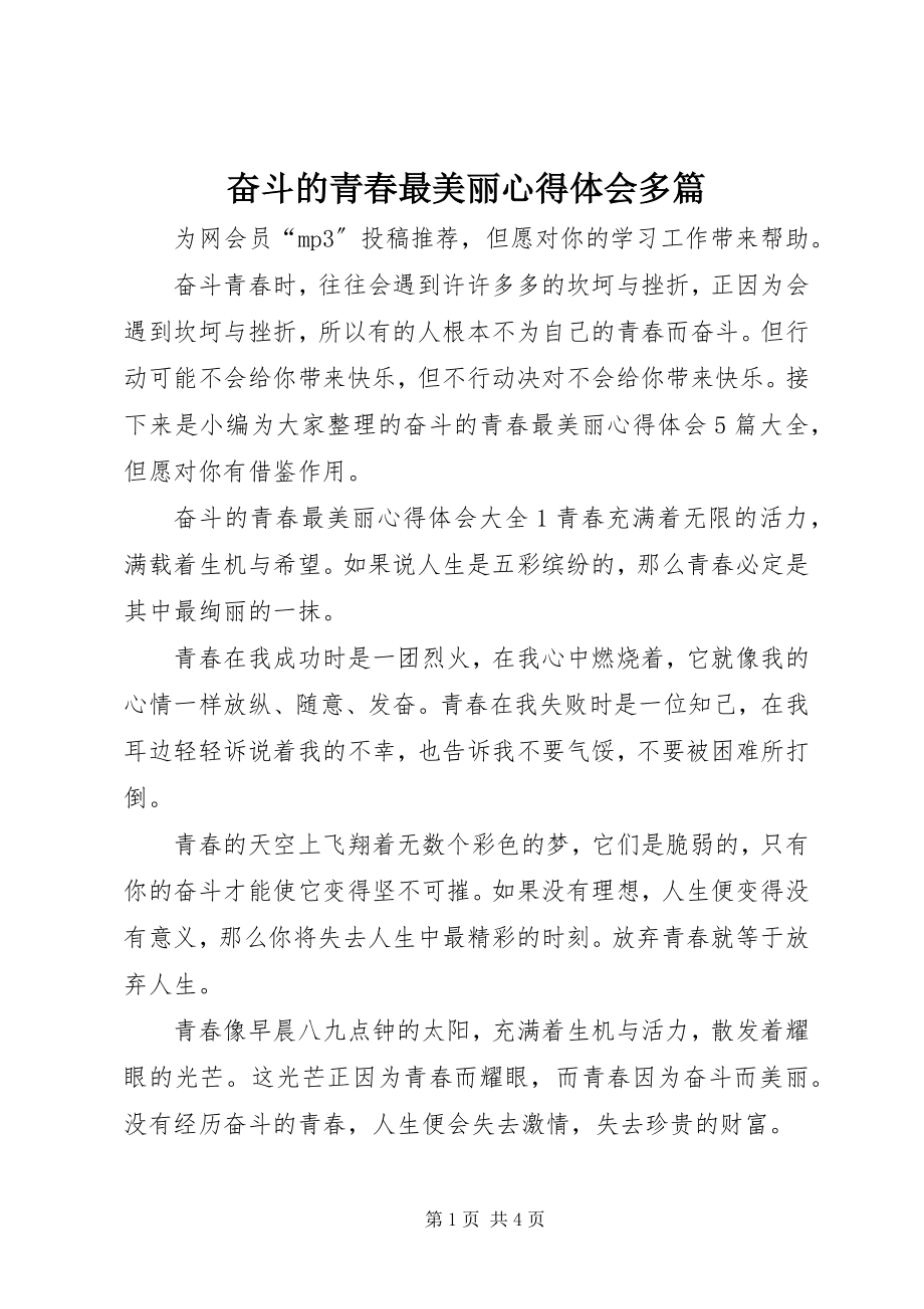 2023年奋斗的青春最美丽心得体会多篇.docx_第1页