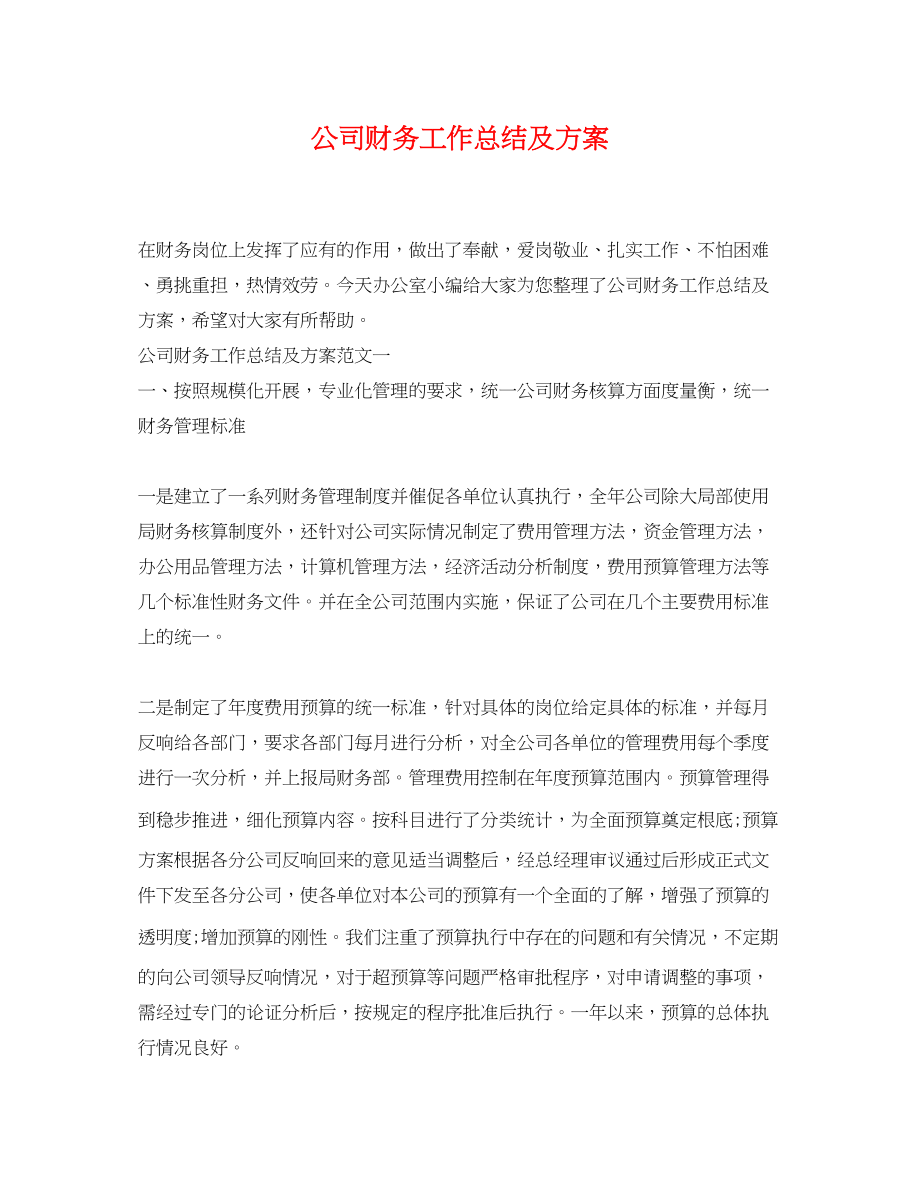 2023年公司财务工作总结及计划.docx_第1页