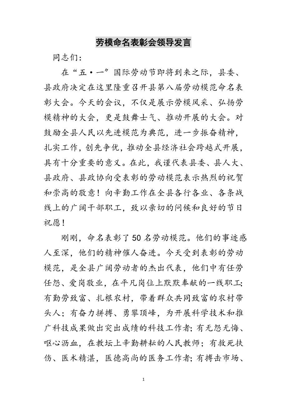 2023年劳模命名表彰会领导发言范文.doc_第1页