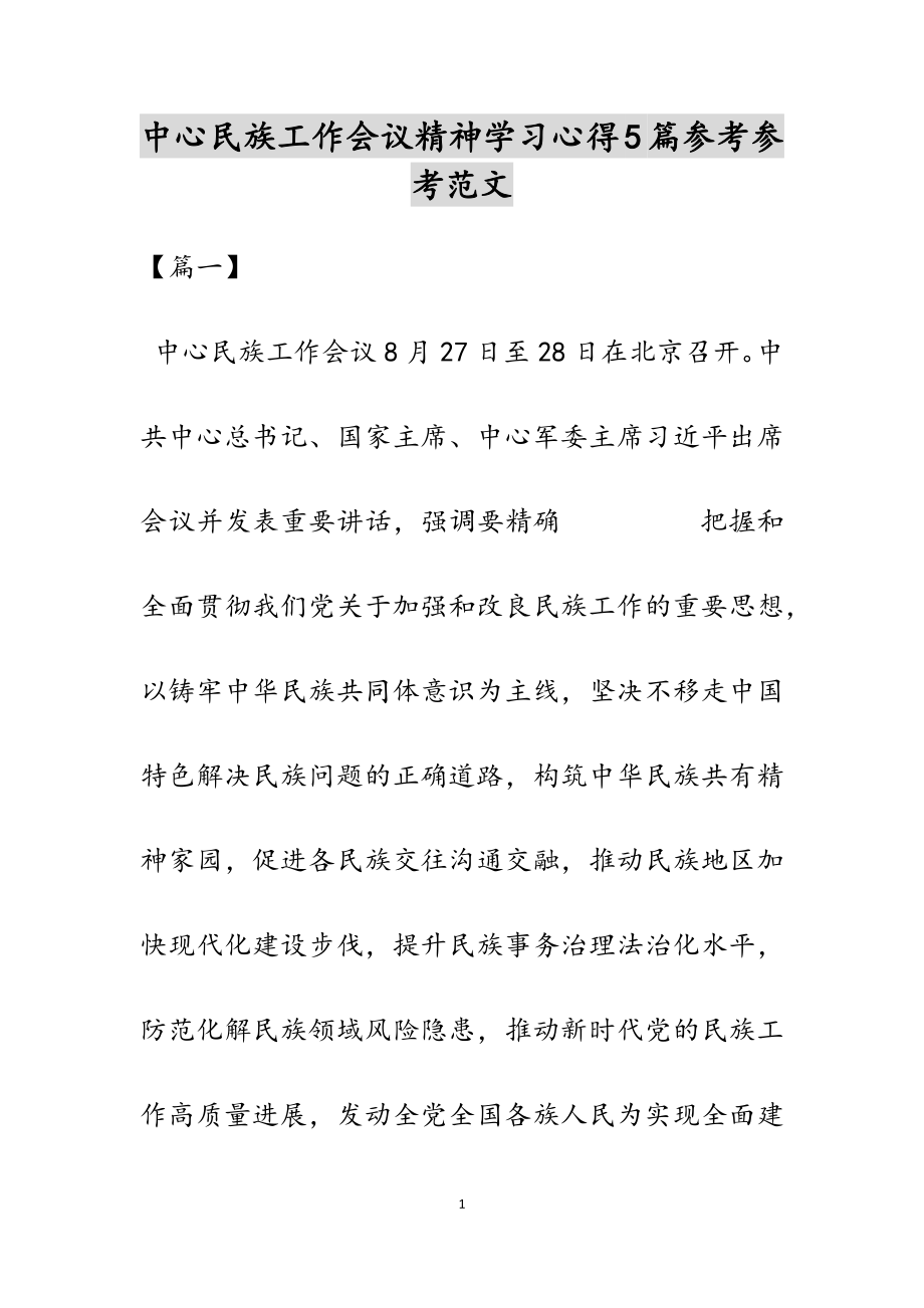 2023年中央民族工作会议精神学习心得.docx_第1页