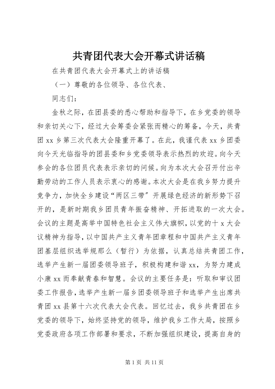 2023年共青团代表大会开幕式致辞稿.docx_第1页