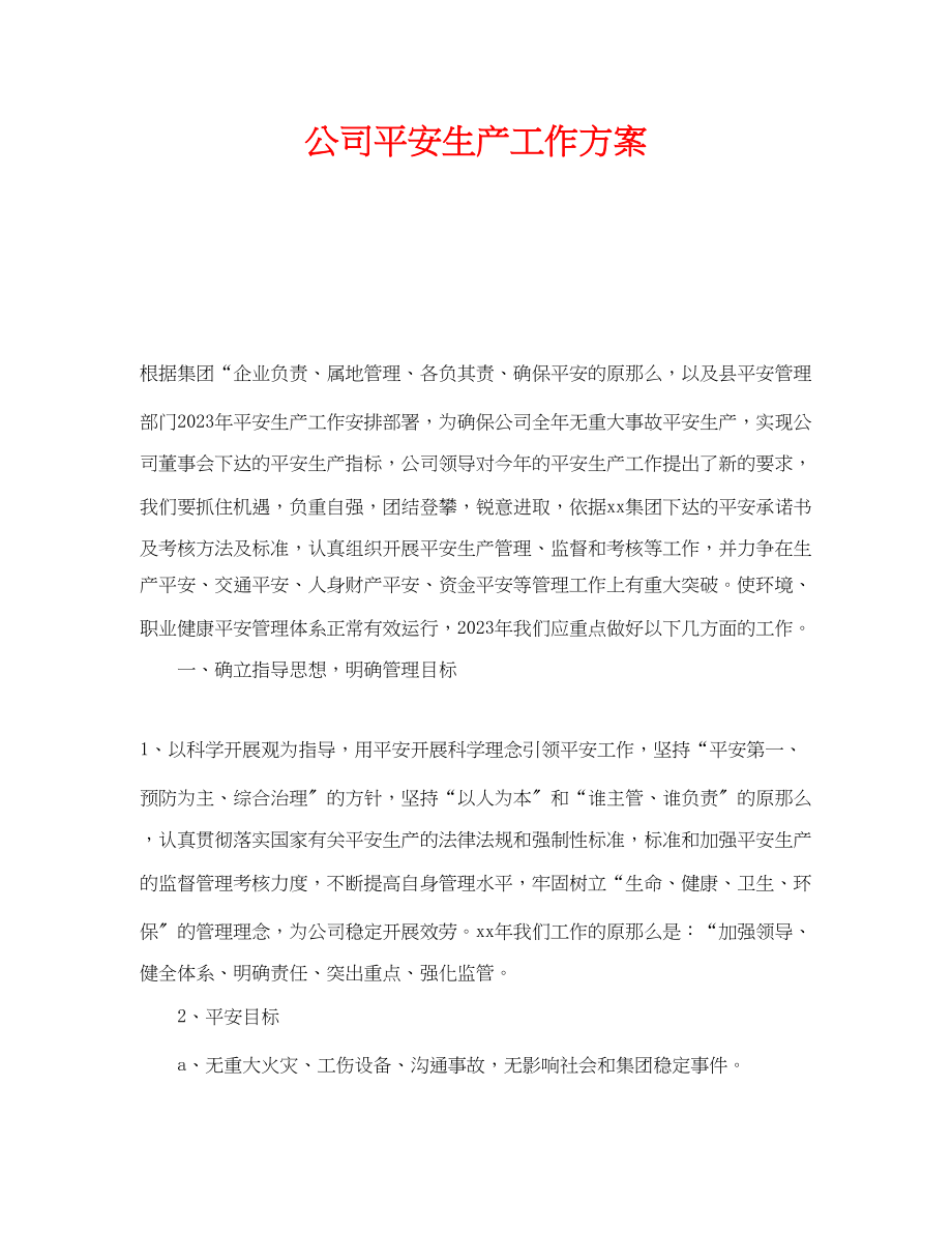 2023年《安全管理文档》之公司安全生产工作计划.docx_第1页