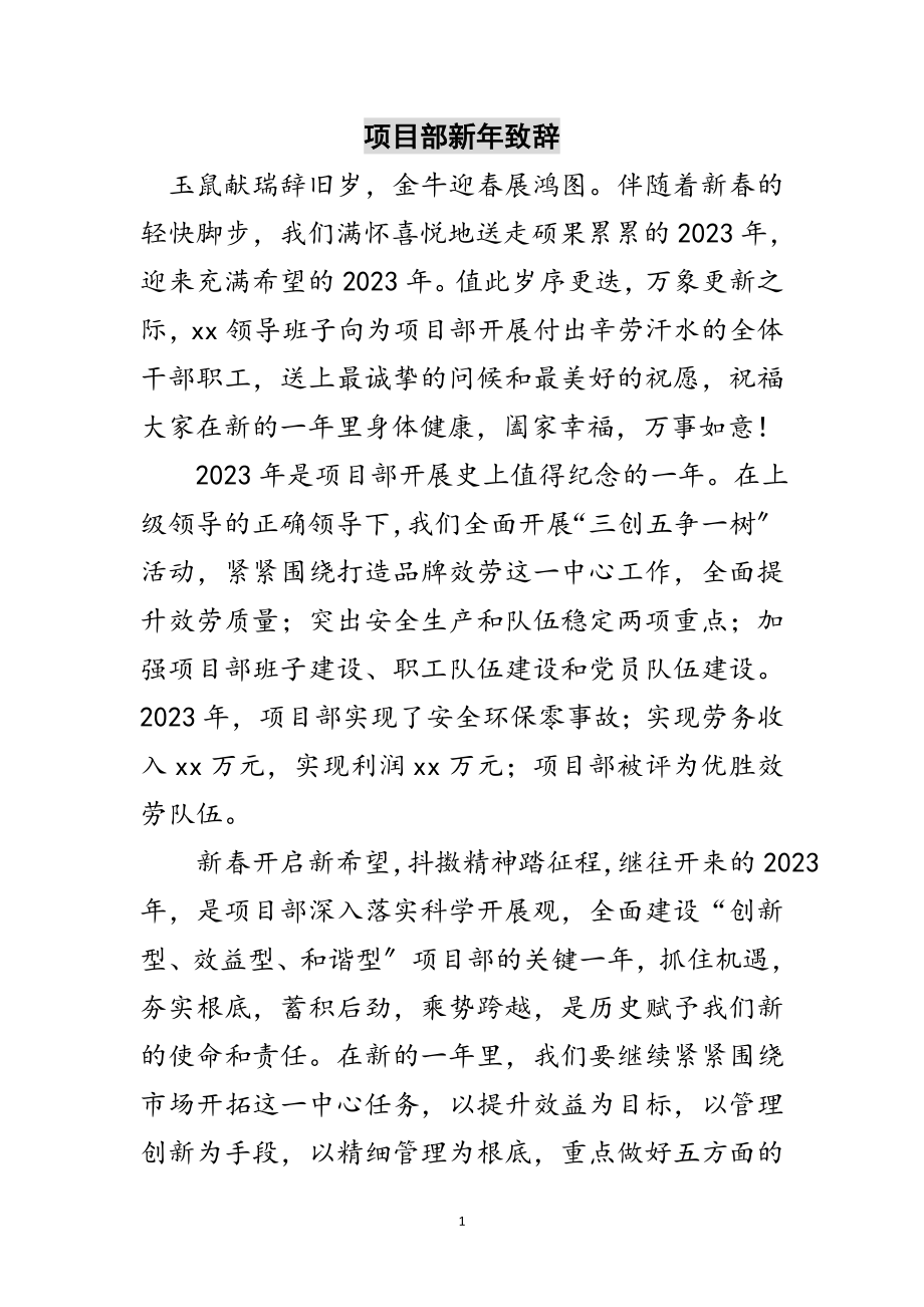 2023年项目部新年致辞范文.doc_第1页