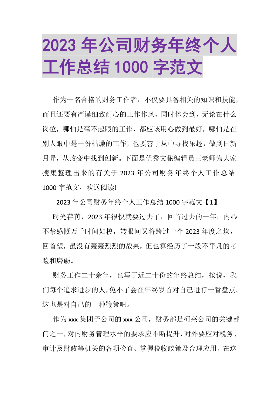 2023年公司财务年终个人工作总结1000字范文.doc_第1页