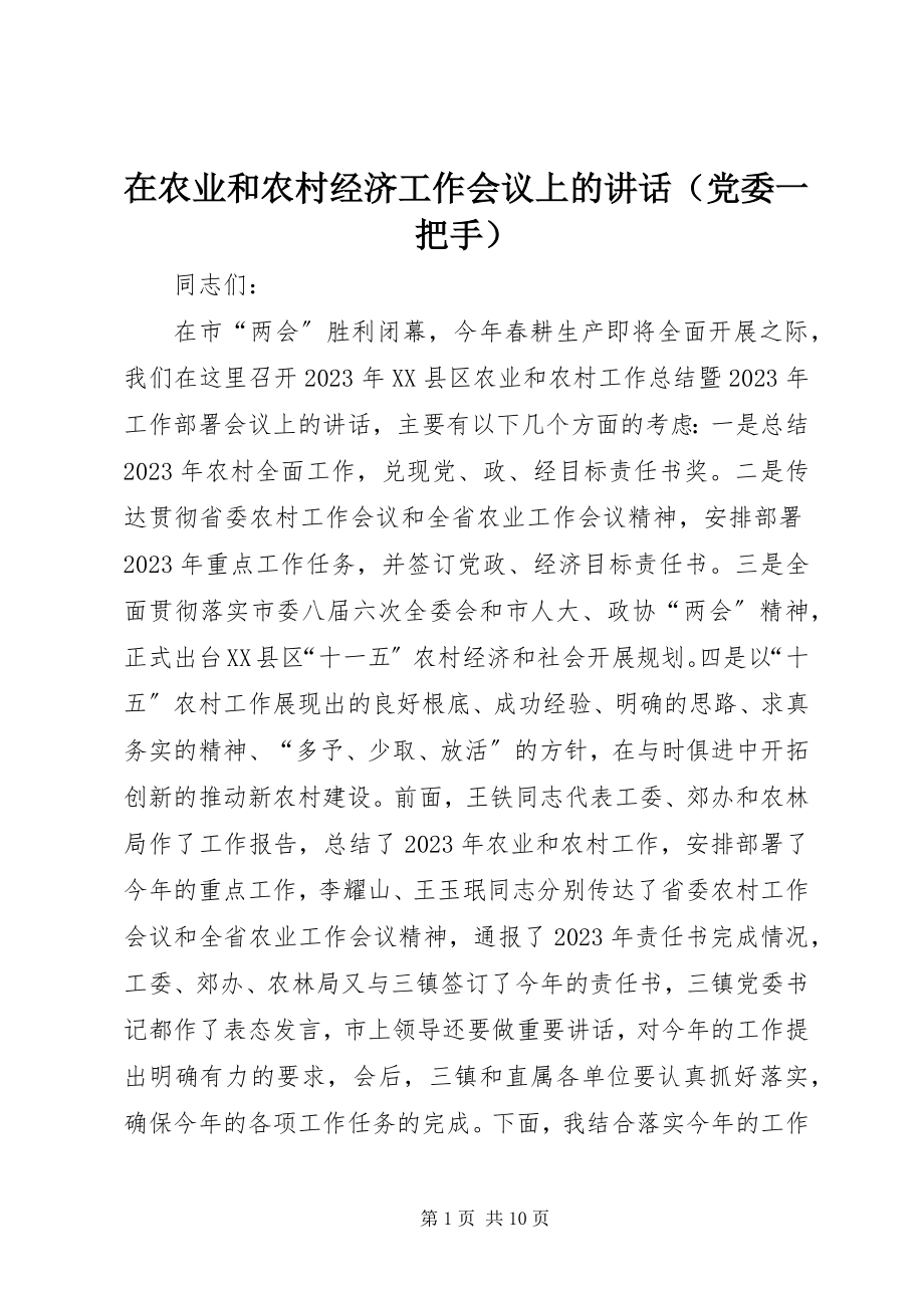 2023年在农业和农村经济工作会议上的讲话（党委一把手）.docx_第1页