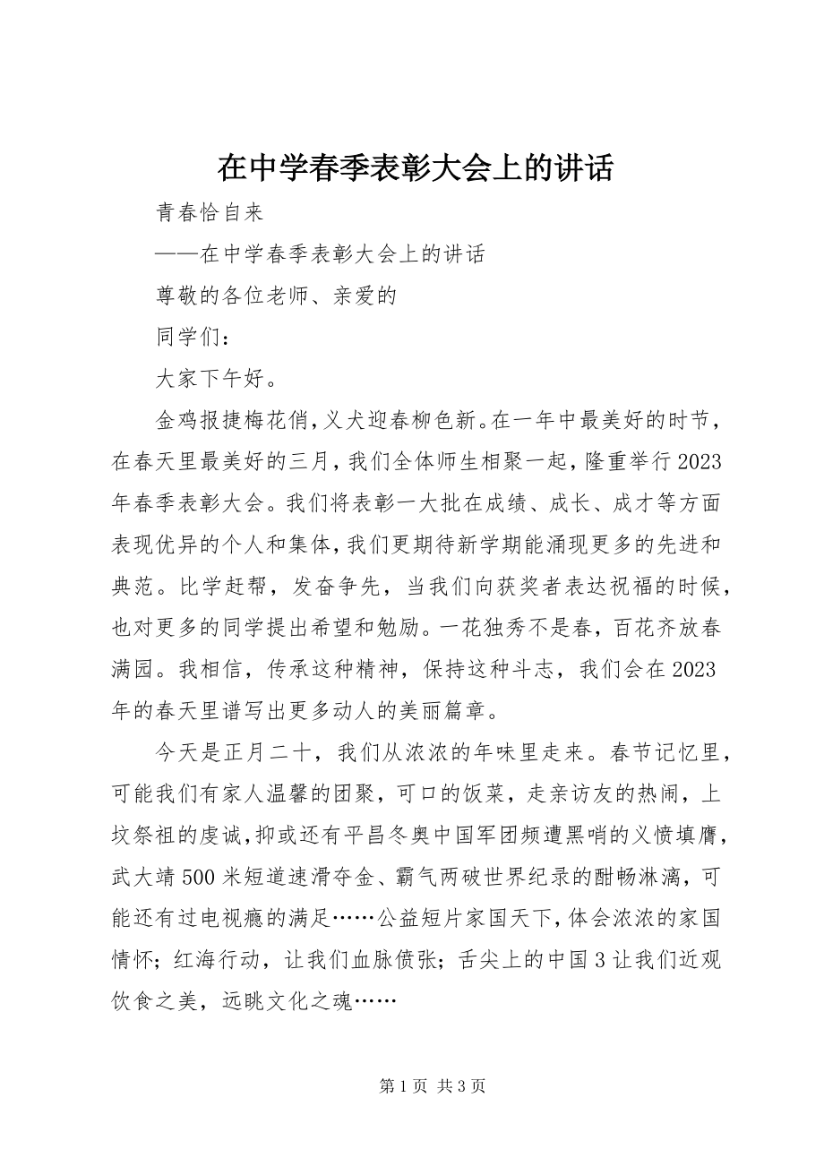 2023年在中学春季表彰大会上的致辞.docx_第1页