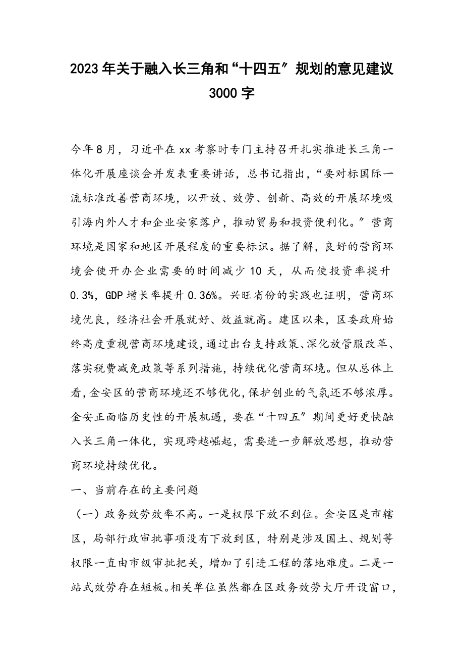 2023年融入长三角和“十四五”规划的意见建议 3000字.docx_第1页