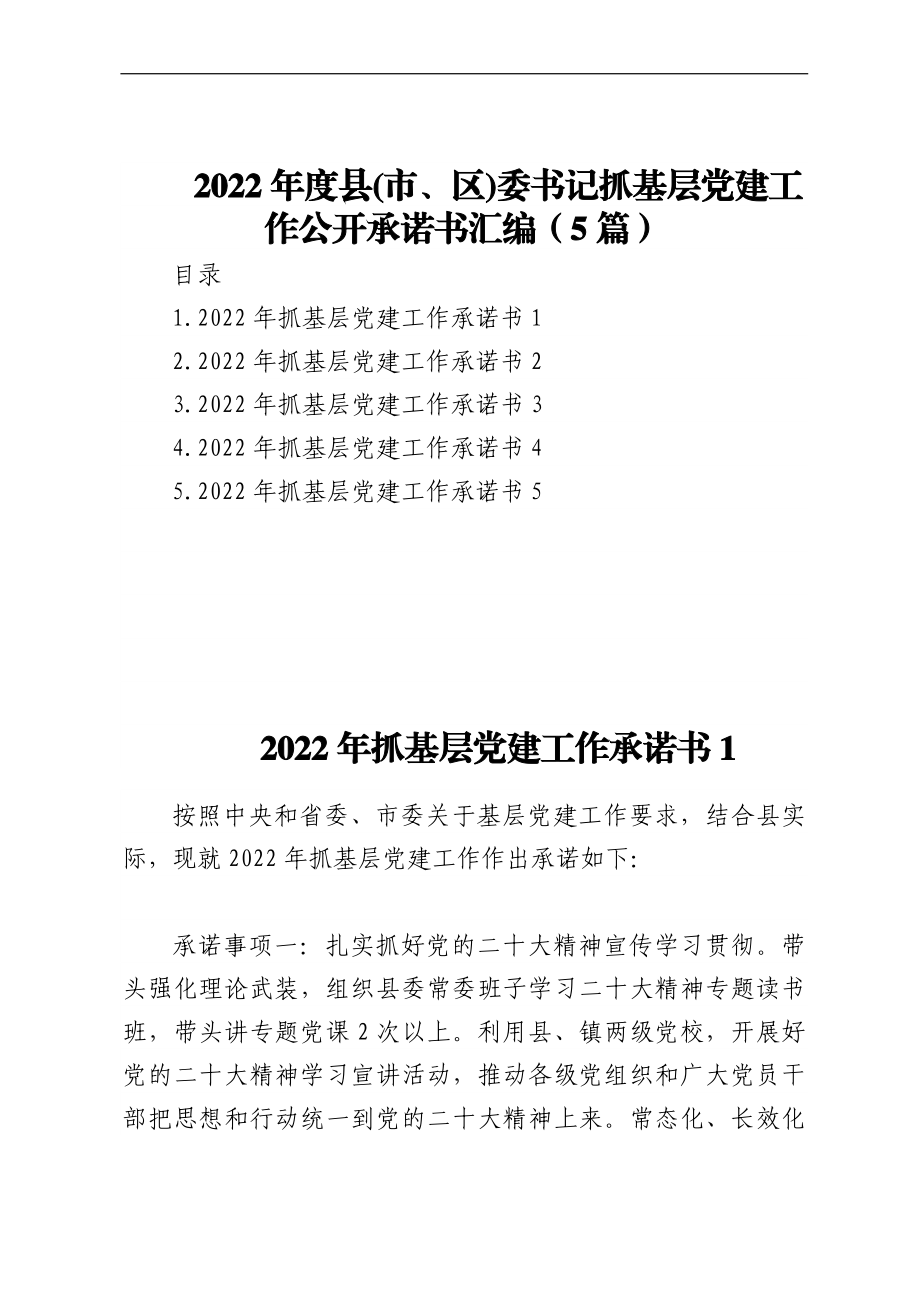 2022年度县(市、区)委书记抓基层党建工作公开承诺书汇编（5篇）.docx_第1页