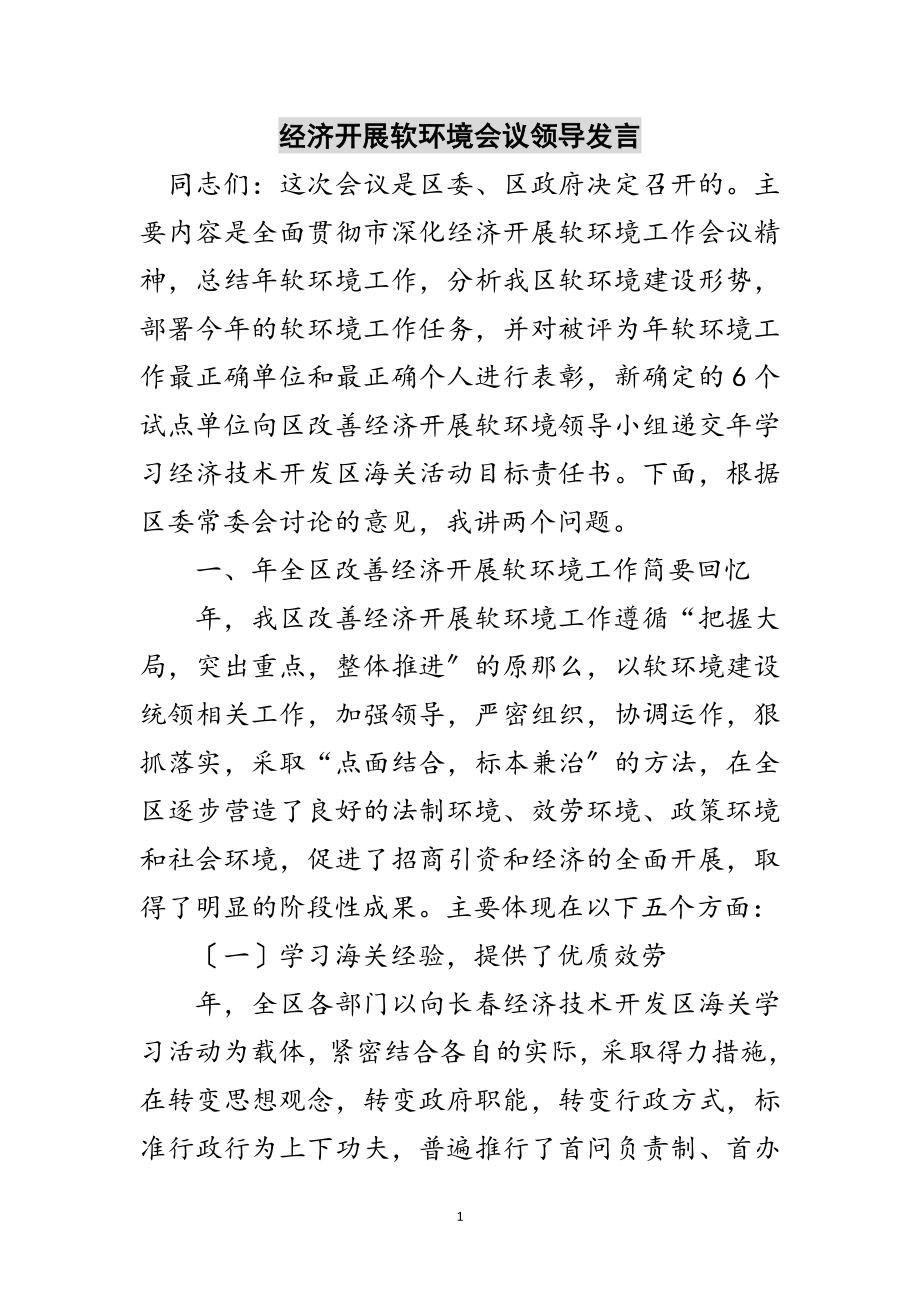 2023年经济发展软环境会议领导发言范文.doc_第1页