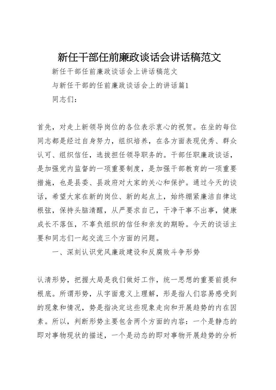 2023年新任干部任前廉政谈话会致辞稿范文.doc_第1页