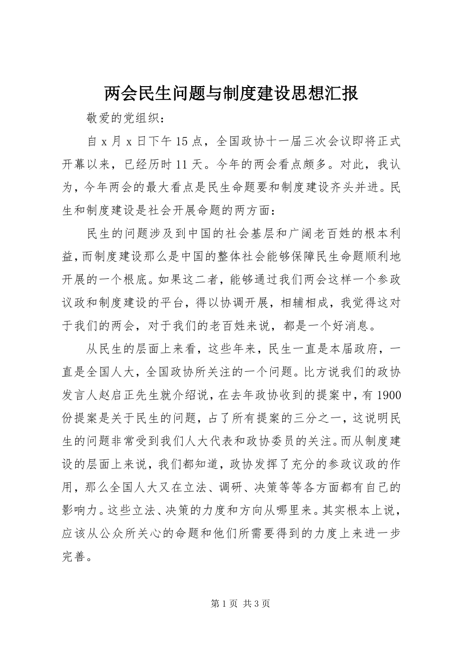 2023年两会民生问题与制度建设思想汇报.docx_第1页