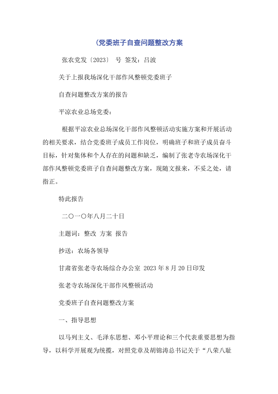 2023年党委班子自查问题整改方案.docx_第1页