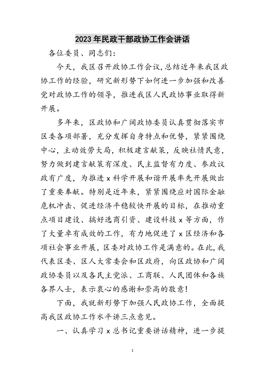 2023年年民政干部政协工作会讲话范文.doc_第1页