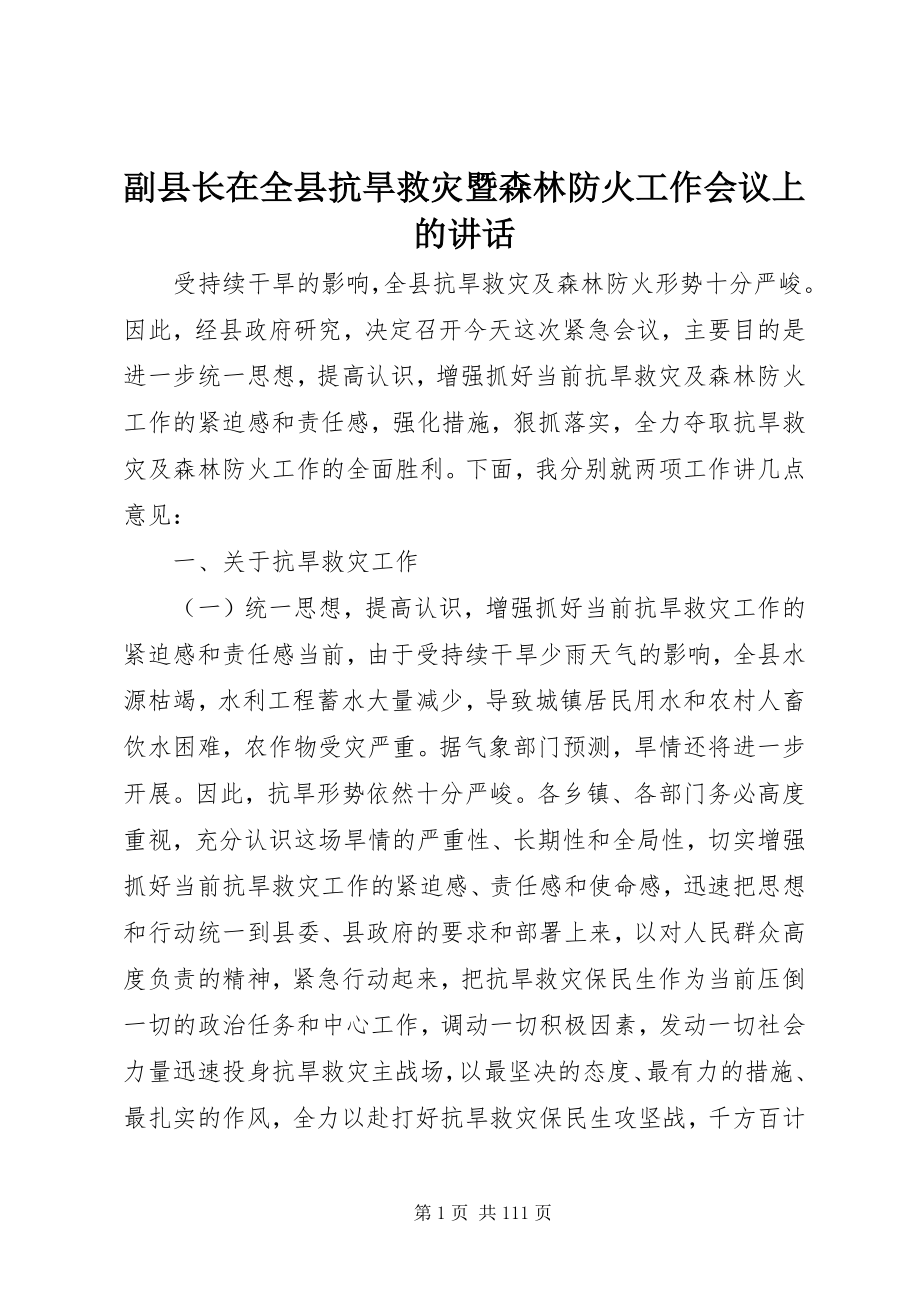 2023年副县长在全县抗旱救灾暨森林防火工作会议上的致辞.docx_第1页