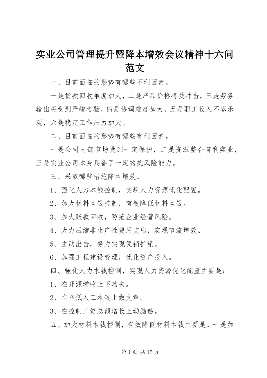 2023年实业公司管理提升暨降本增效会议精神十六问.docx_第1页