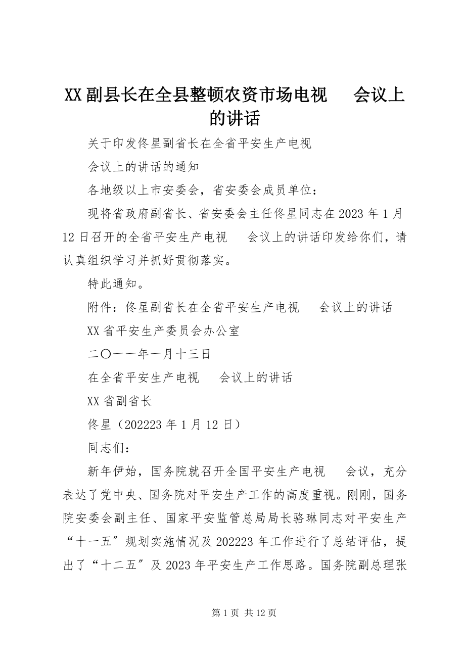 2023年XX副县长在全县整顿农资市场电视电话会议上的致辞新编.docx_第1页