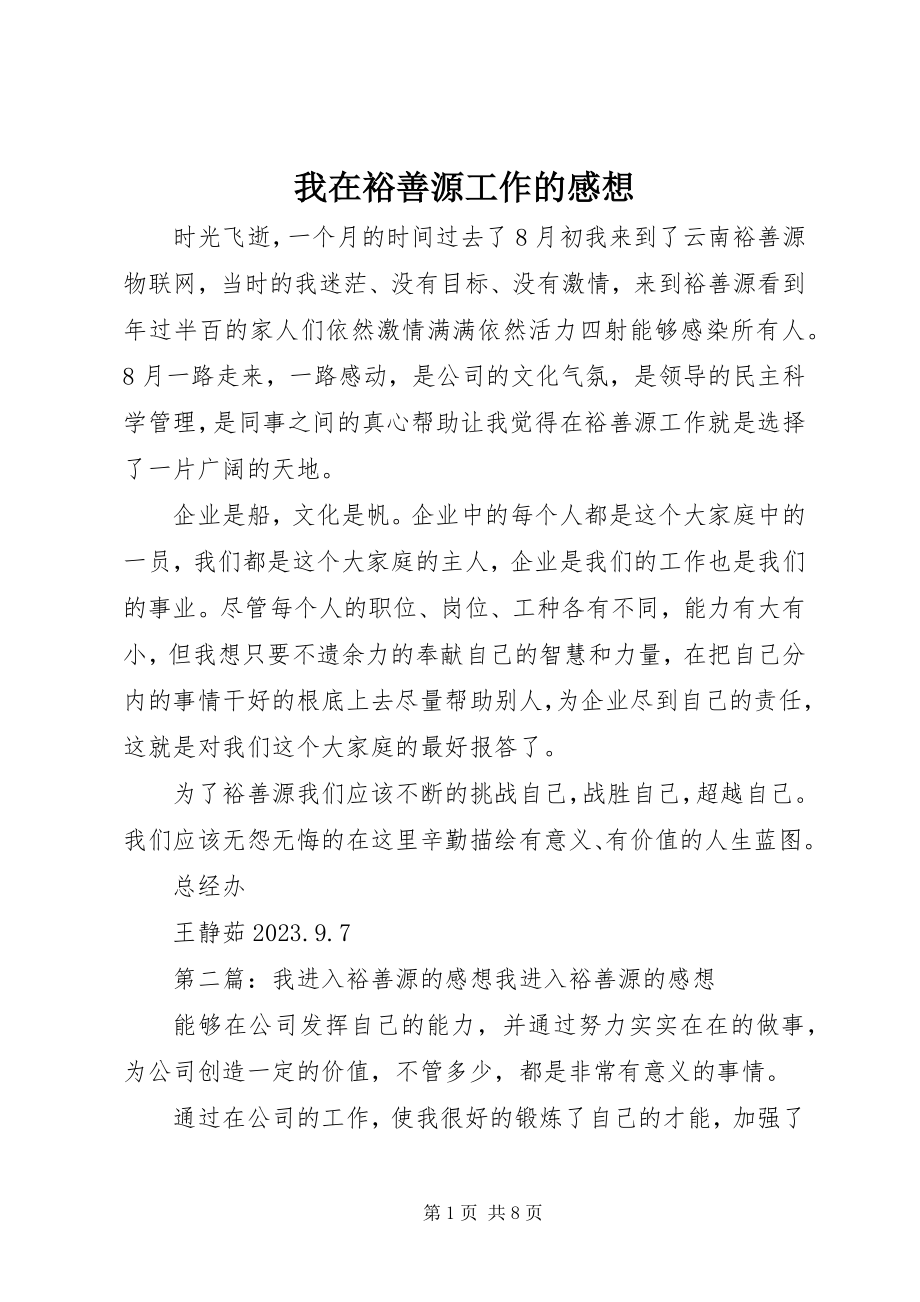 2023年我在裕善源工作的感想.docx_第1页