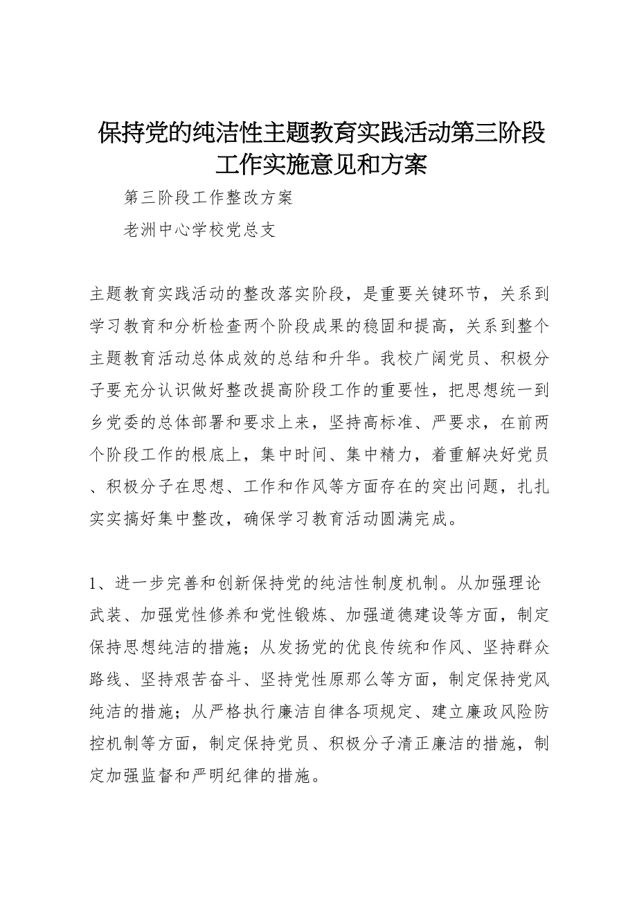 2023年保持党的纯洁性主题教育实践活动第三阶段工作实施意见和方案.doc_第1页