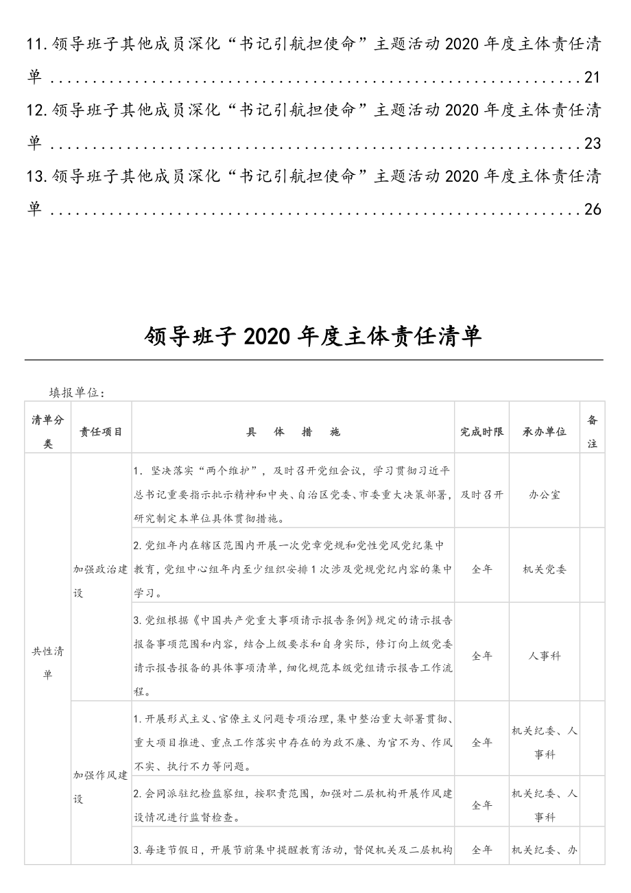 市级局党组领导班子、主要负责人及领导班子其他成员“书记引航担使命”主题活动2020年主体责任清单一套汇编（13篇）.doc_第2页