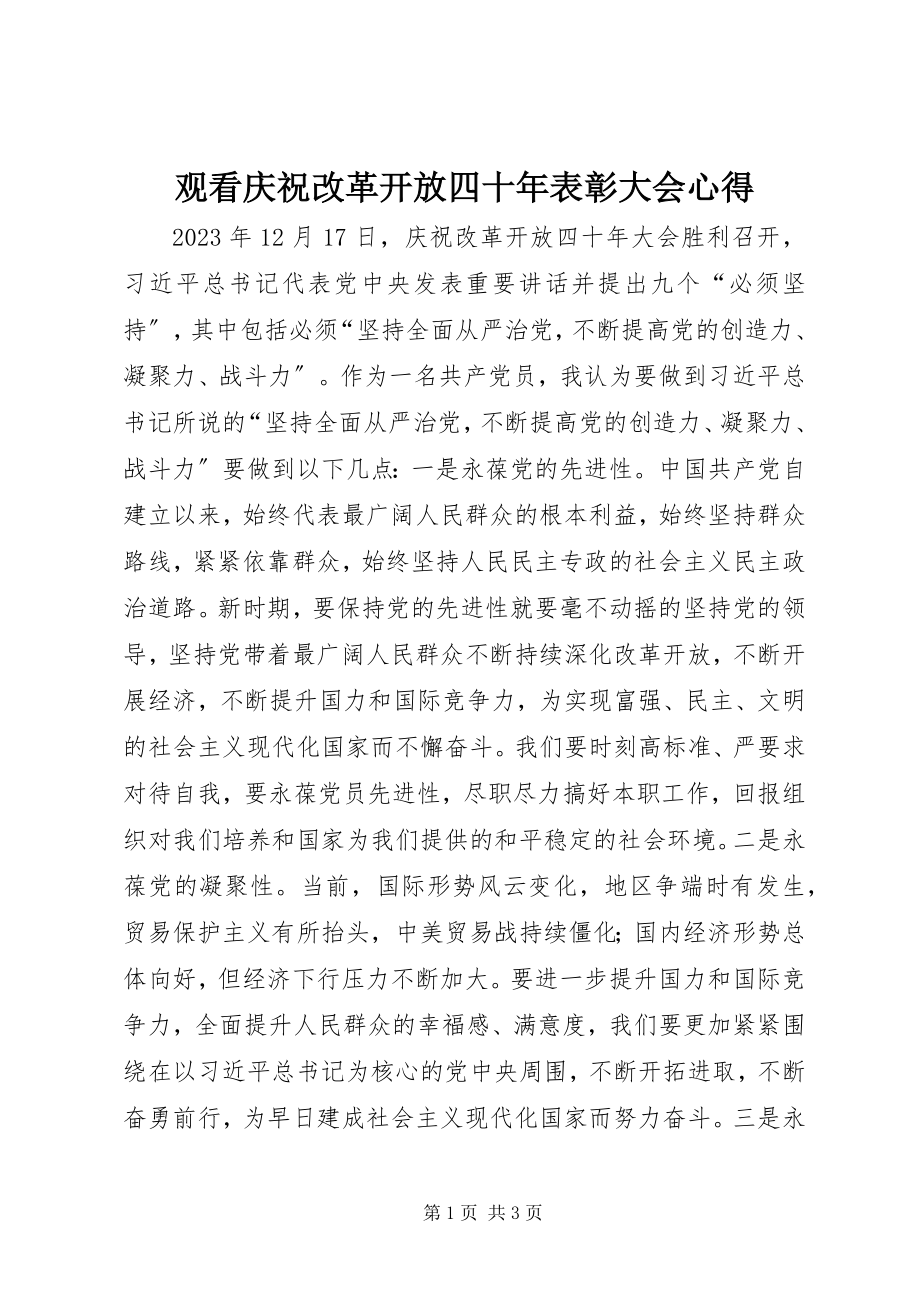 2023年观看庆祝改革开放四十表彰大会心得.docx_第1页