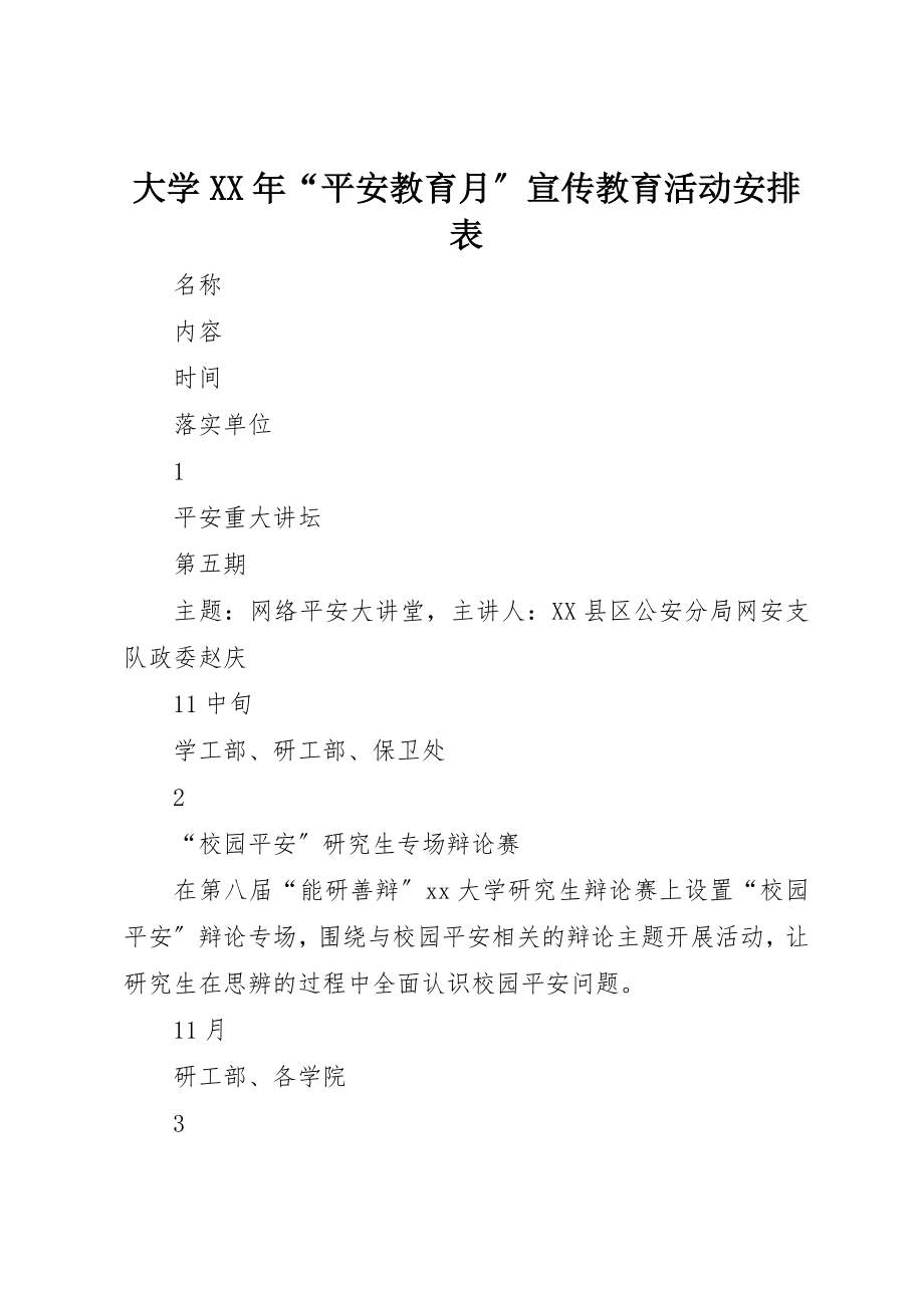 2023年大学某年“安全教育月”宣传教育活动安排表.docx_第1页