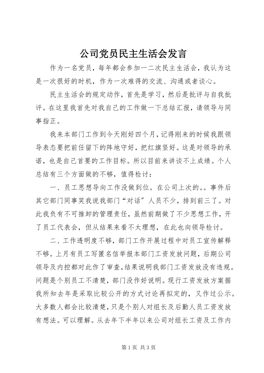 2023年公司党员民主生活会讲话.docx_第1页