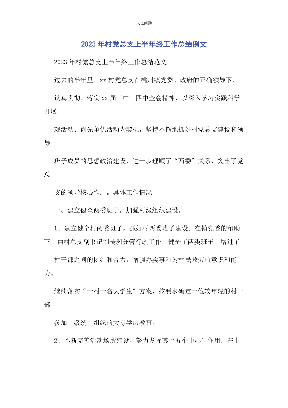 2023年村党总支上半年终工作总结例文范文.docx_第1页