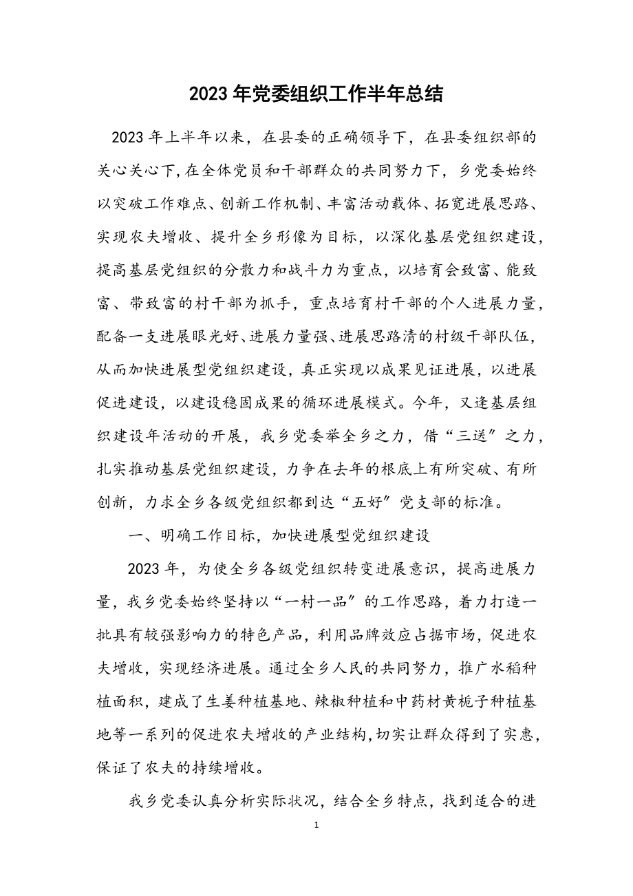 2023年党委组织工作半年总结.docx_第1页