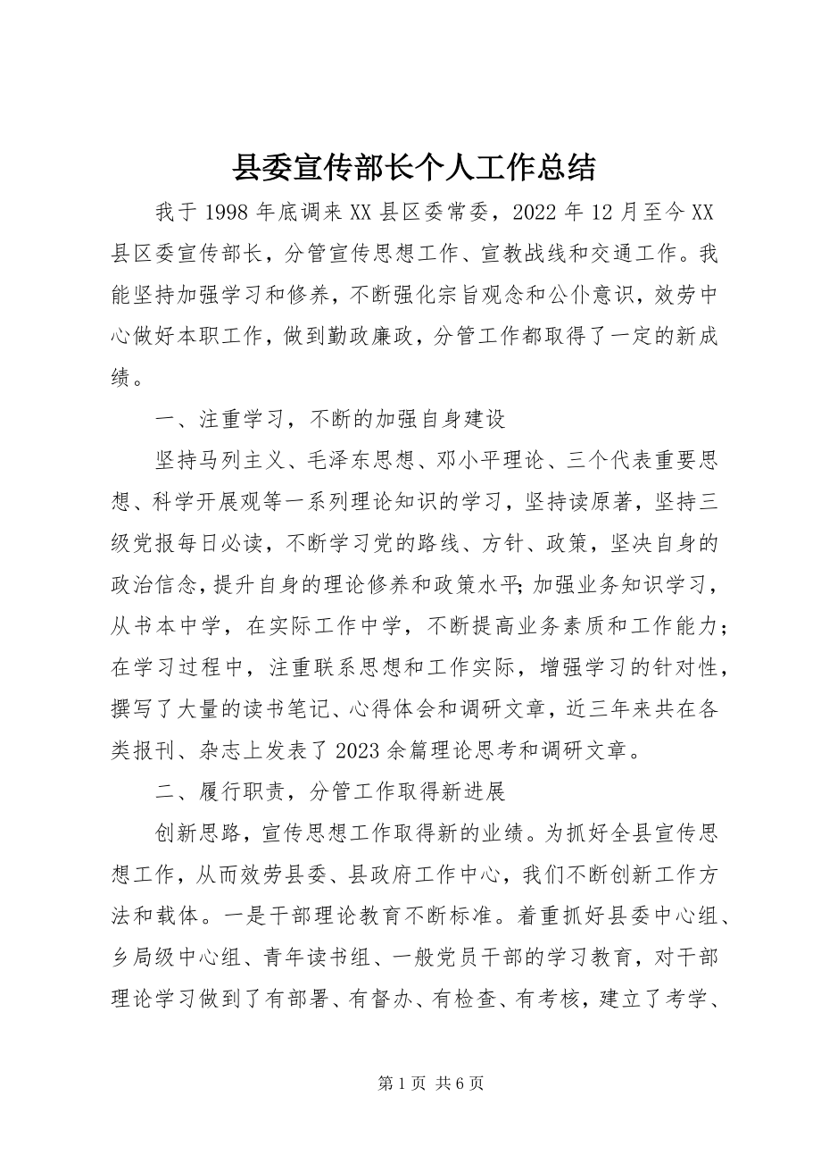 2023年县委宣传部长个人工作总结.docx_第1页