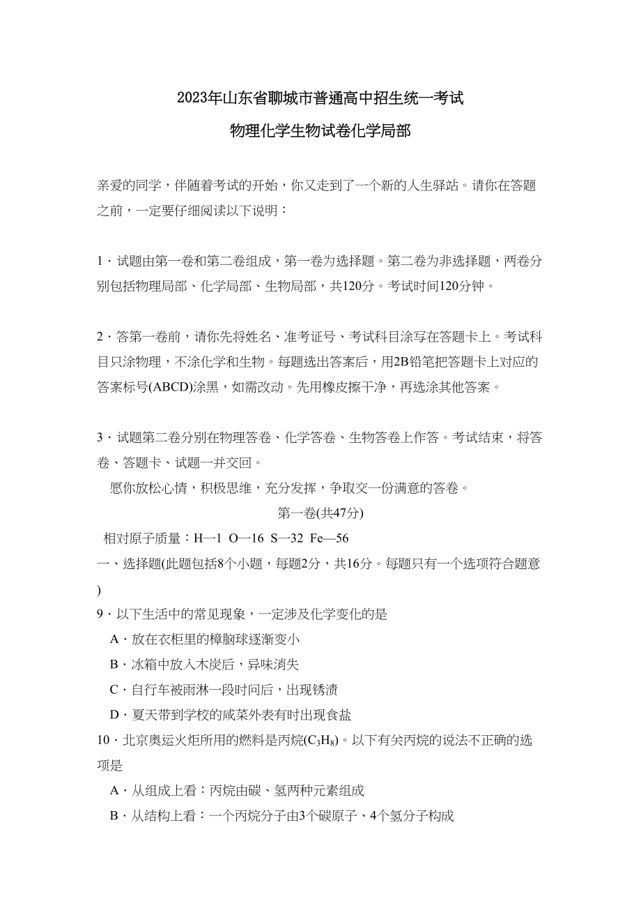 2023年山东省聊城市普通高中招生统一考试初中化学2.docx_第1页