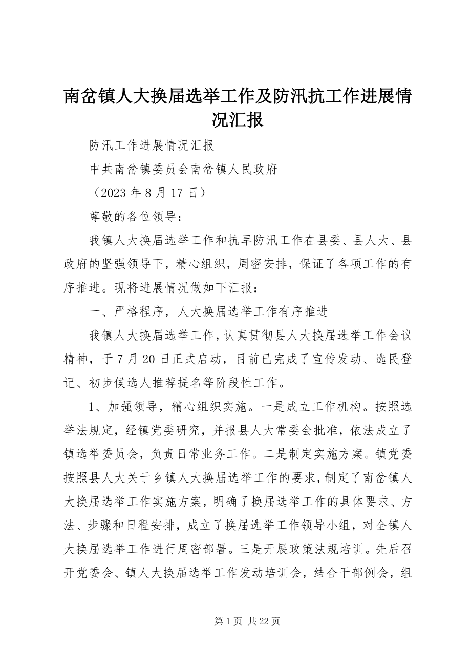 2023年南岔镇人大换届选举工作及防汛抗工作进展情况汇报.docx_第1页