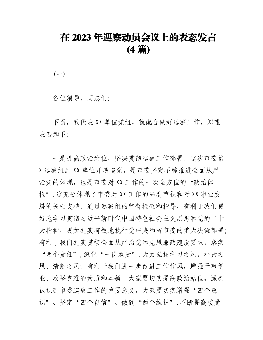 (4篇)在2023年巡察动员会议上的表态发言.docx_第1页