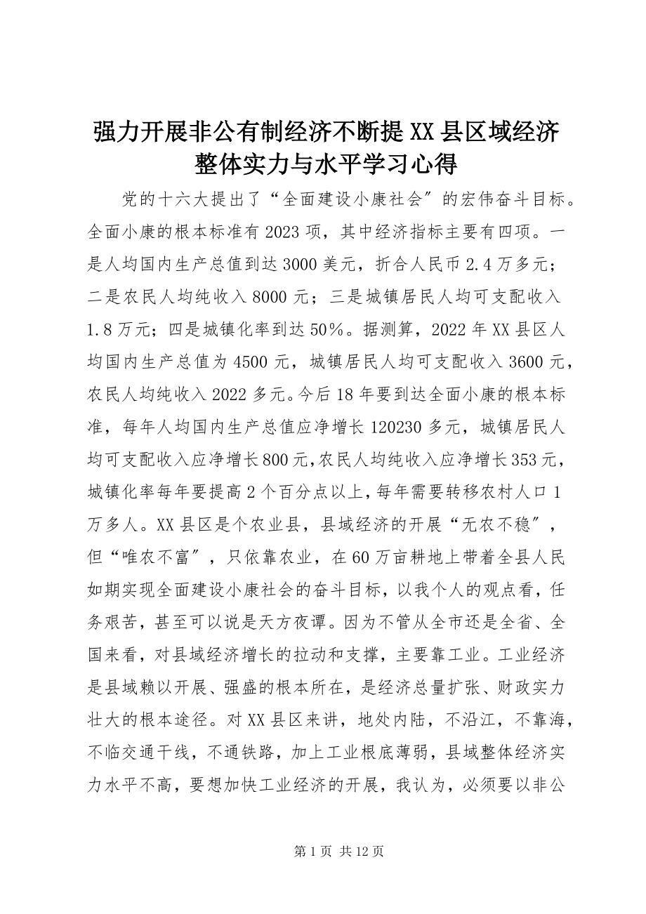 2023年强力发展非公有制经济不断提XX县区域经济整体实力与水平学习心得.docx_第1页