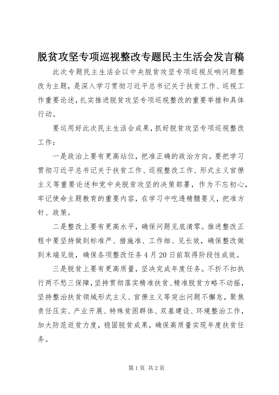 2023年脱贫攻坚专项巡视整改专题民主生活会讲话稿.docx_第1页