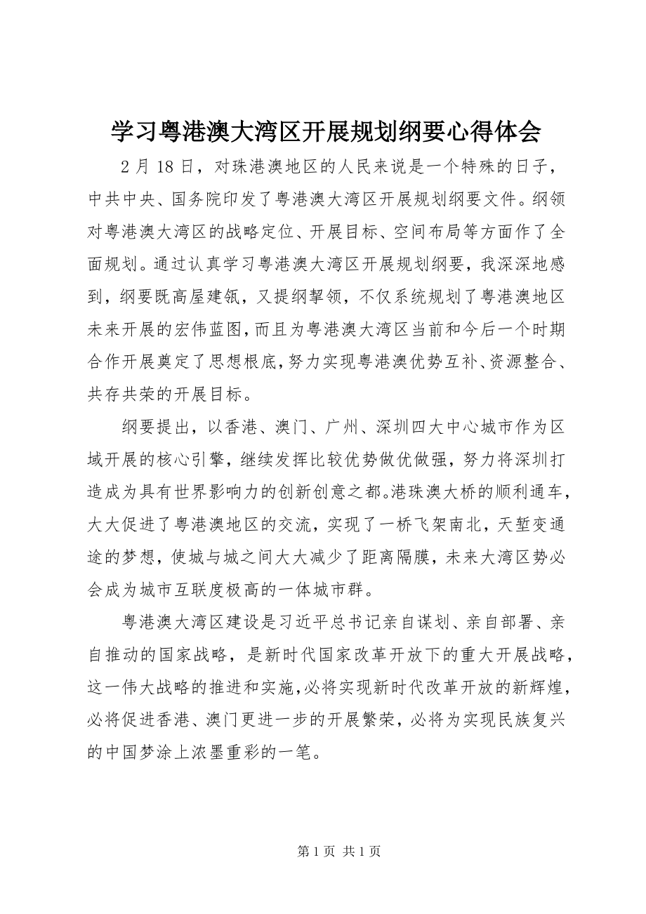 2023年学习《粤港澳大湾区发展规划纲要》心得体会.docx_第1页