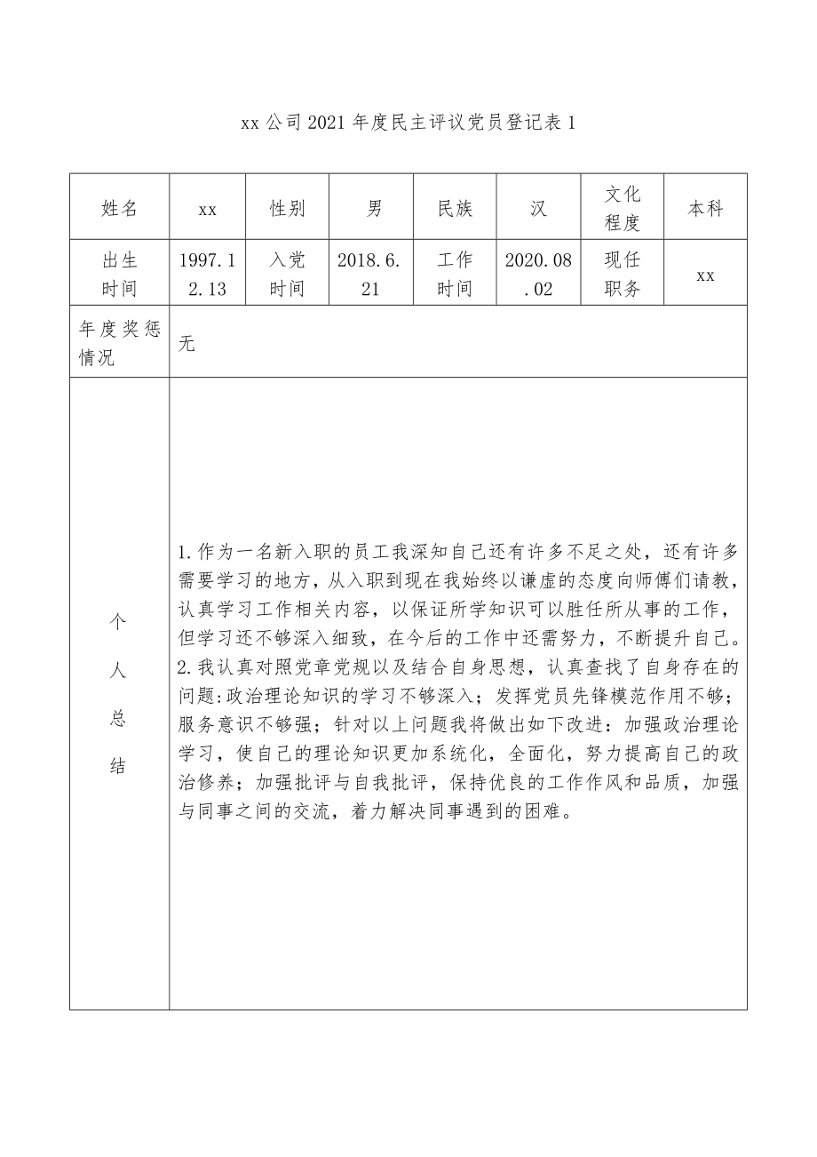 (19篇)XX党支部部2021年度民主评议党员测评表汇编.docx_第2页