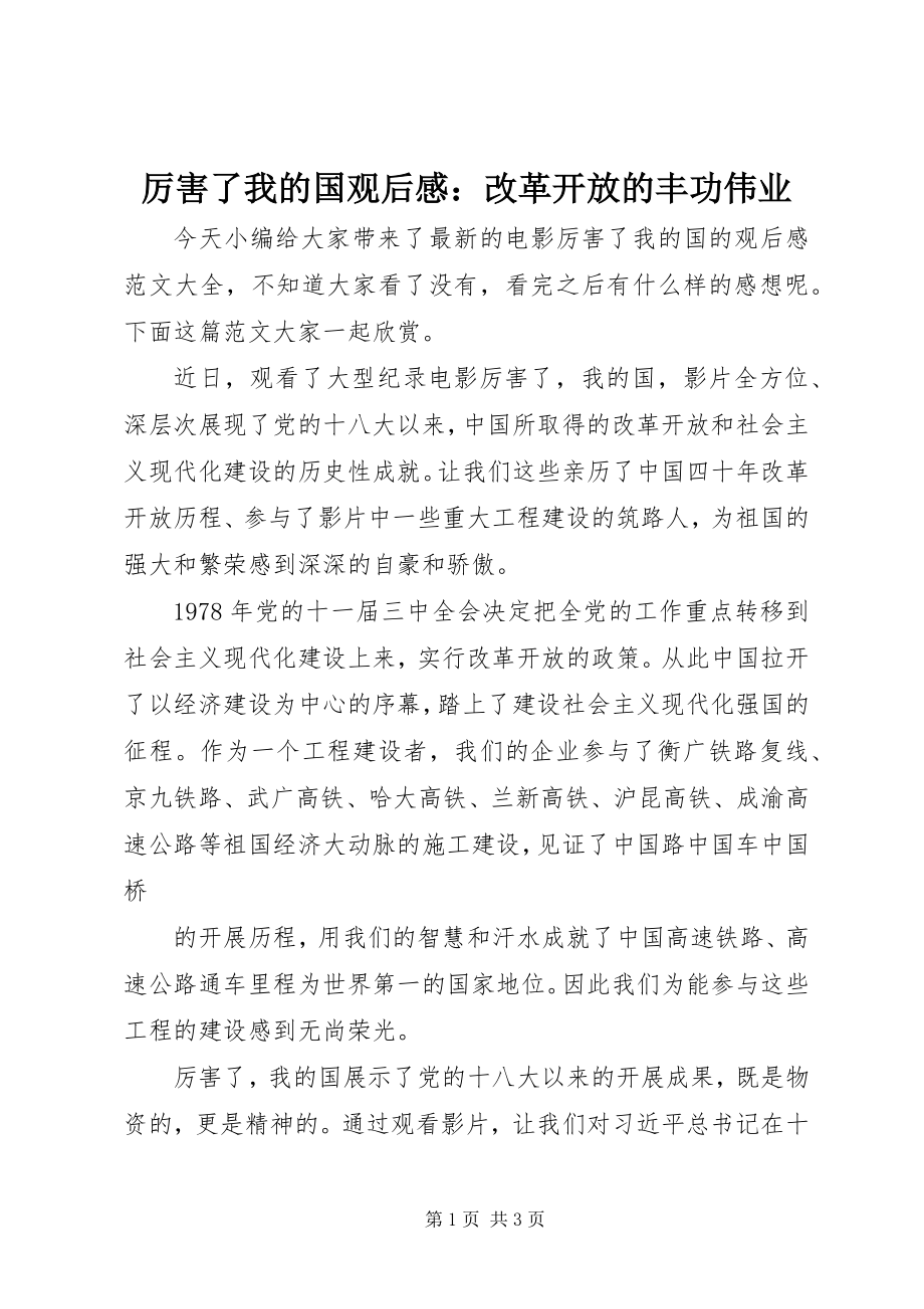 2023年厉害了我的国观后感改革开放的丰功伟业.docx_第1页