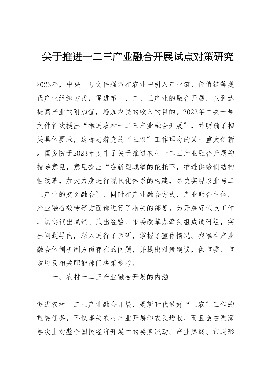 2023年关于推进一二三产业融合发展试点对策研究.doc_第1页